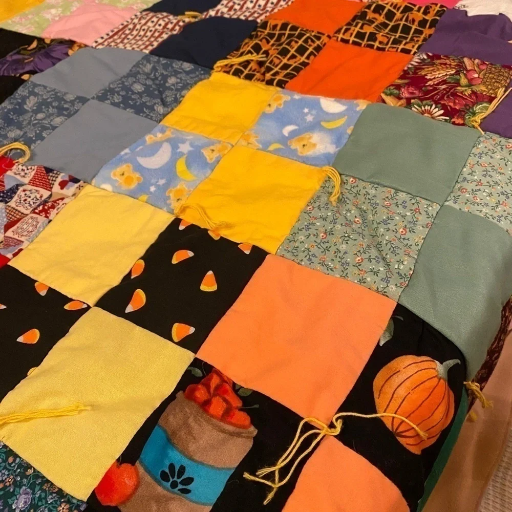 Patchwork Tied Cottagecore Quilt w/a Winter Blue Snowman Scene on Backside